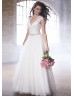 Queen Anne Neckline Ivory Lace Tulle Wedding Dress With Beaded Belt